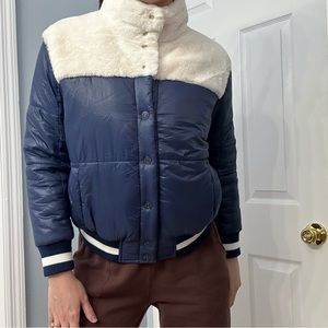 MOTHER Jacket Bomber Faux Fur Puffer Blue White Button Up Varsity Extra Small